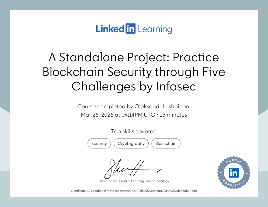 A Standalone Project Practice Blockchain Security through Five Challenges by Infosec (1) certificate preview