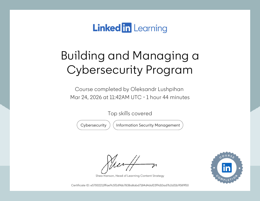 Building and Managing a Cybersecurity Program certificate preview