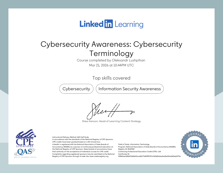 Cybersecurity Awareness Cybersecurity Terminology (1) certificate preview