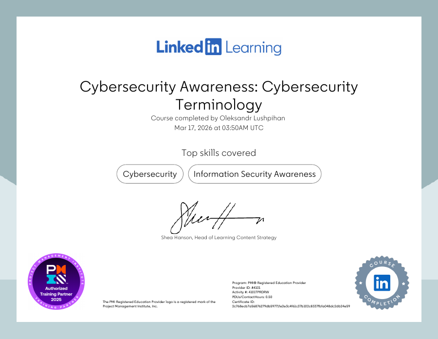 Cybersecurity Awareness Cybersecurity Terminology certificate preview