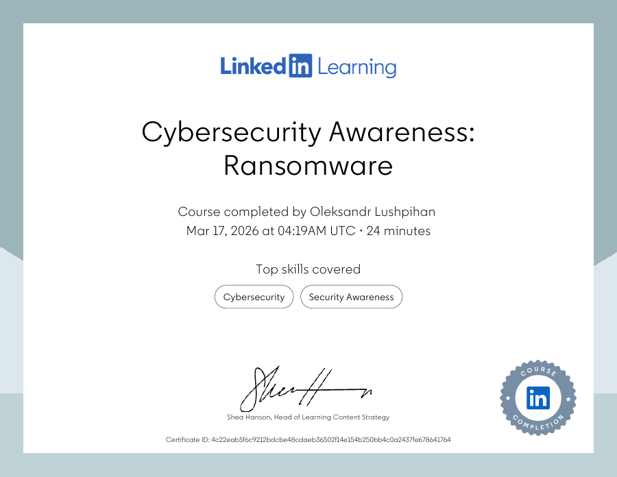 Cybersecurity Awareness Ransomware certificate preview