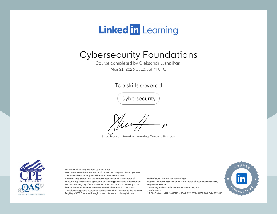 Cybersecurity Foundations (1) certificate preview