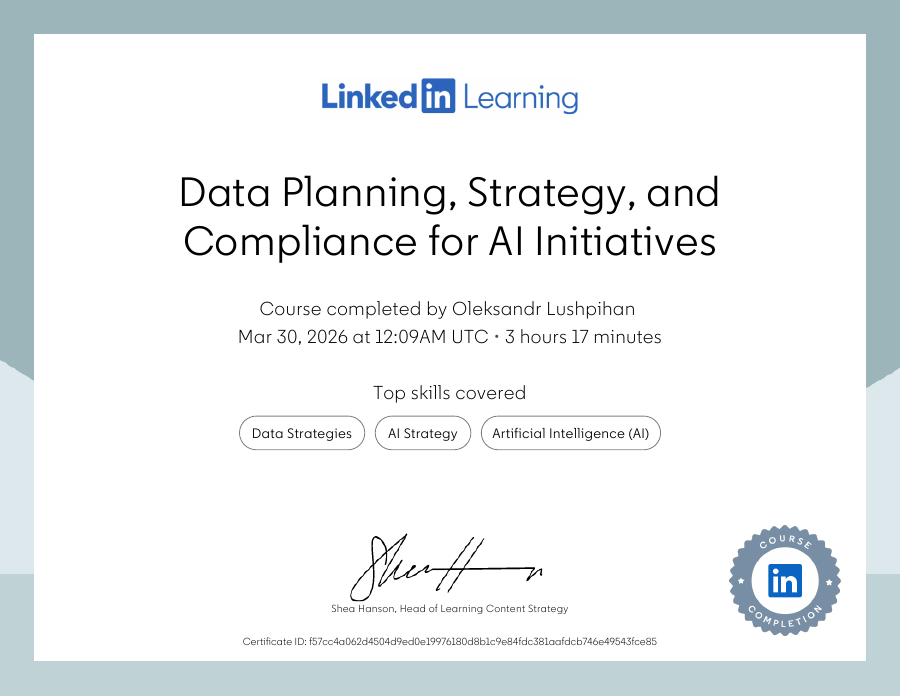Data Planning Strategy and Compliance for AI Initiatives certificate preview