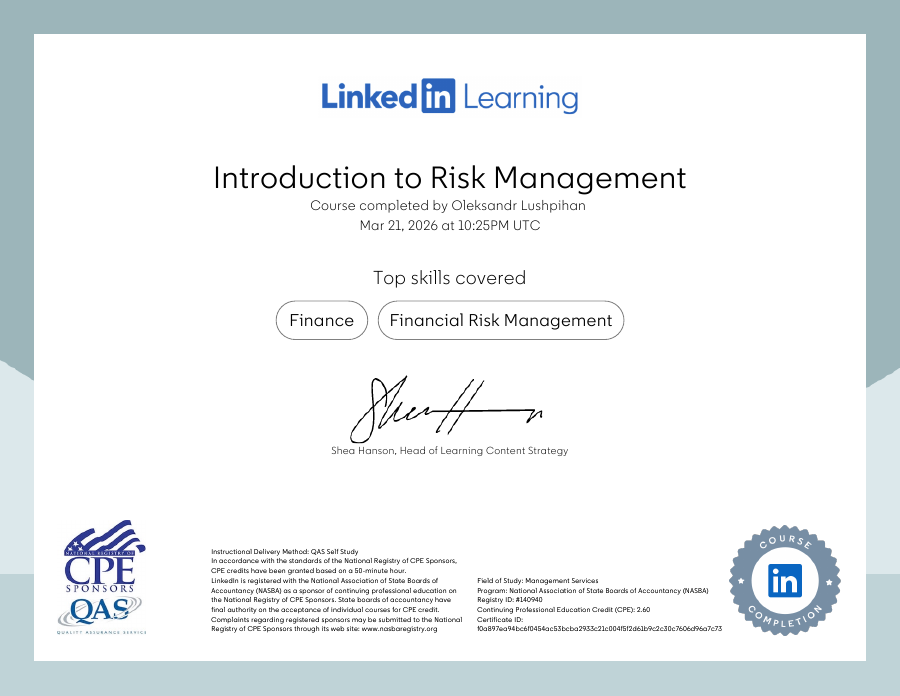 Introduction to Risk Management (1) certificate preview
