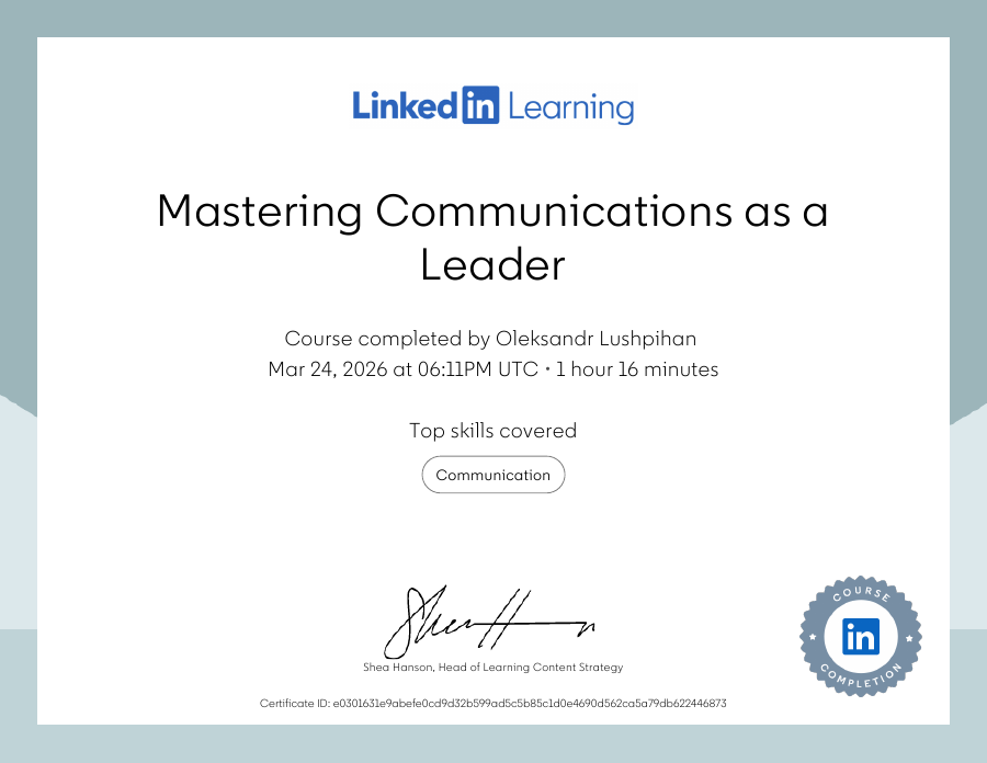 Mastering Communications as a Leader certificate preview