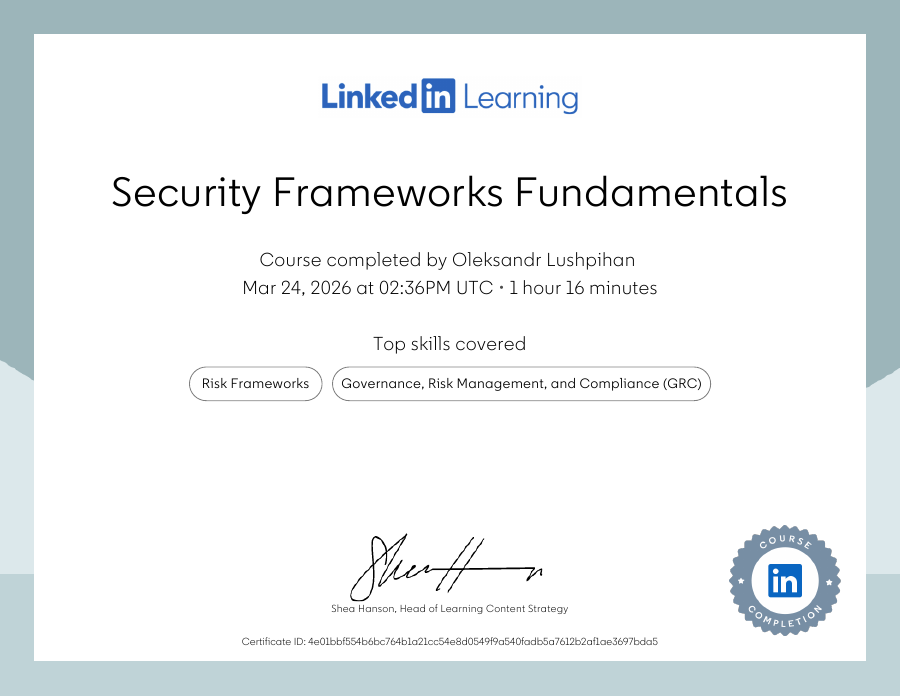 Security Frameworks Fundamentals certificate preview
