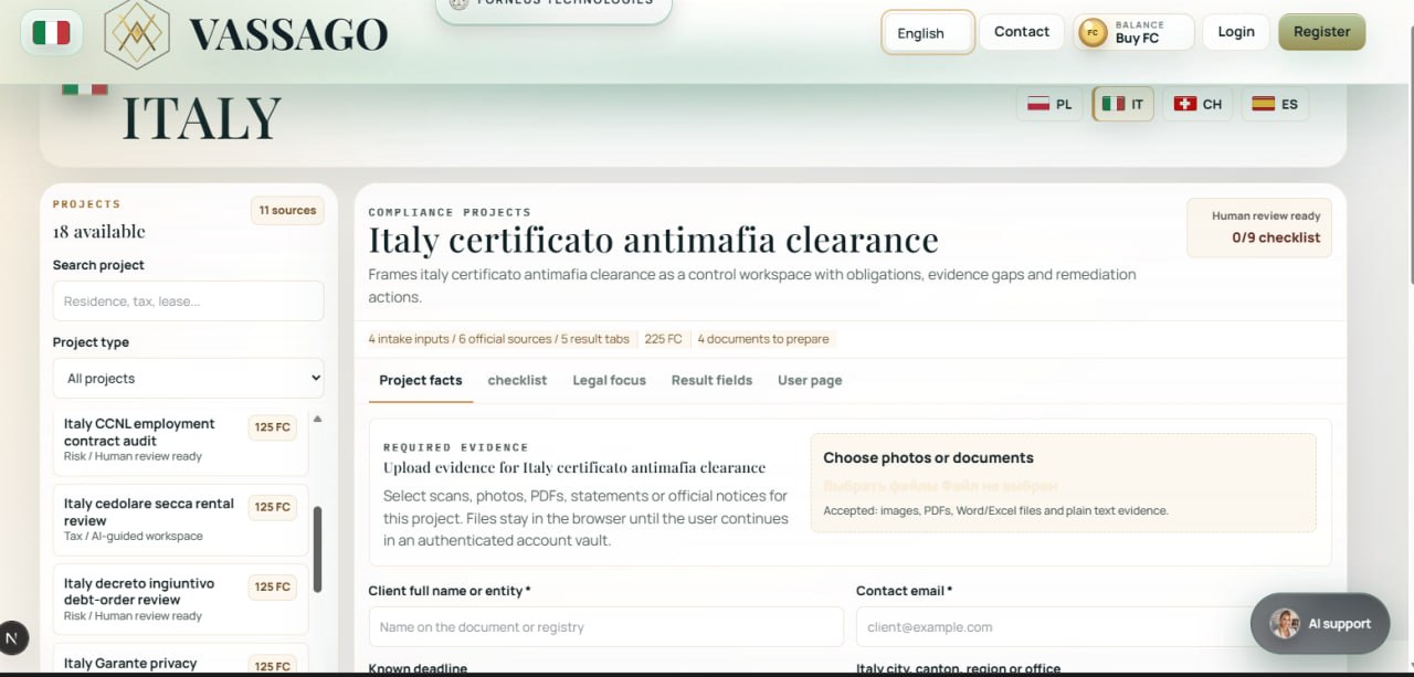 VASSAGO Italy Compliance Workspace